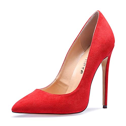 Castamere Damen Pumps High Heels Klassische Stilettos Spitzen Pfennigabsatz Pumps Slip On Elegant Hochzeit Party Schuhe 12CM Stiletto Heels Rot Wildleder Schuhe EU 39 von Castamere