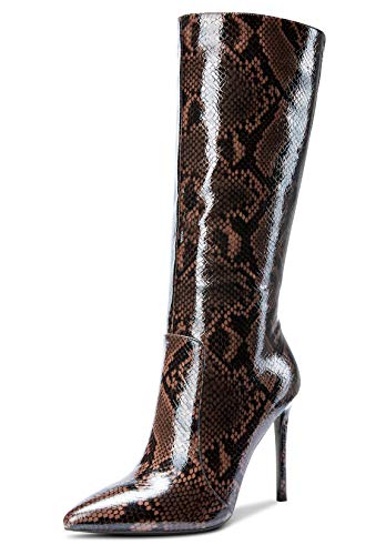 Castamere Damen Reißverschluss Stiefel Langschaft Knee High Boots Stilettos 10CM Hoch Heel Braun Schlange Lackleder Schuhe EU 44.5 von Castamere