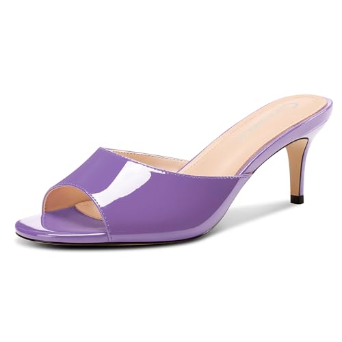 Castamere Damen Runde Peep Open Zehenkappe Kitten Absatz Heel Pantoletten Schuhe Sandalen Party Abschlussball Dress Slip-on Sandalen 6.5 CM Heels Violett 45 EU von Castamere
