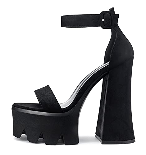 Castamere Damen Sandalen Peep-Toes Ankle-Strap mit Plattform Blockabsatz 15CM High Heels Schwarz Wildleder Schuhe EU42 von Castamere