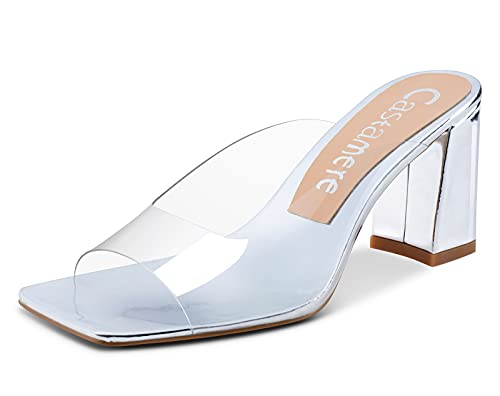 Castamere Damen Sandalen Slingback Peep-Toe Klar Transparent Blockabsatz 7.5CM Heel Silber Lackleder Schuhe EU 40.5 von Castamere