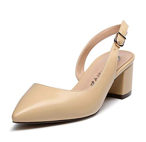 Castamere Damen Slingback Blockabsatz Heels Spitzen Zehen Pumps Adjustable-Strap Sandalen Mittel Heel 5CM Beige Pu Schuhe EU 39 von Castamere