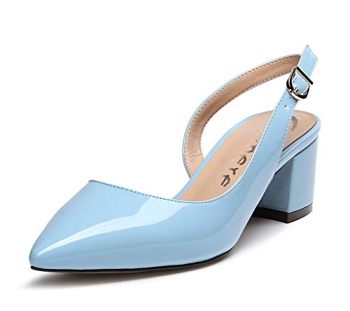 Castamere Damen Slingback Blockabsatz Heels Spitzen Zehen Pumps Adjustable-Strap Sandalen Mittel Heel 5CM Blau Lackleder Schuhe EU 38 von Castamere