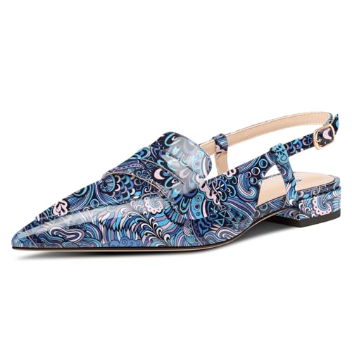 Castamere Damen Slingback Flache Pumps Niedrige Absatz Heel Geschlossene Spitze Zehenkappe Slip-on Loafers Büroschuhe Lässig Dress Schuhe 2 cm Heels Blau Mehrfarbig 41 EU von Castamere