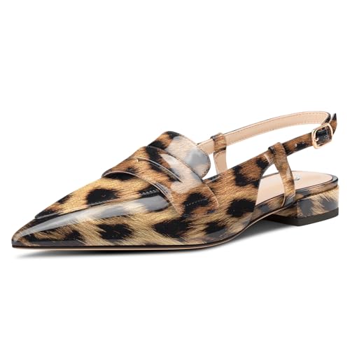 Castamere Damen Slingback Flache Pumps Niedrige Absatz Heel Geschlossene Spitze Zehenkappe Slip-on Loafers Büroschuhe Lässig Dress Schuhe 2 cm Heels Braun Leopard 43 EU von Castamere