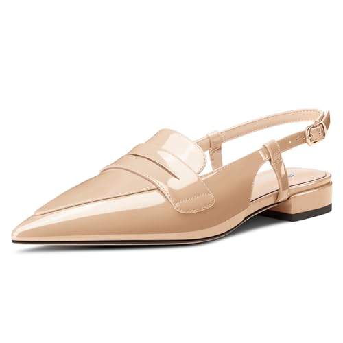 Castamere Damen Slingback Flache Pumps Niedrige Absatz Heel Geschlossene Spitze Zehenkappe Slip-on Loafers Büroschuhe Lässig Dress Schuhe 2 cm Heels Hautfarben 39 EU von Castamere