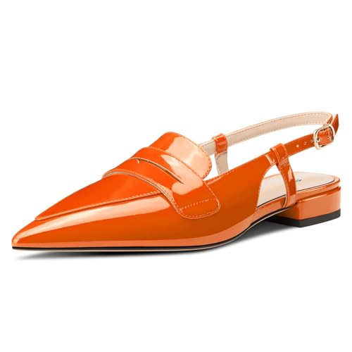Castamere Damen Slingback Flache Pumps Niedrige Absatz Heel Geschlossene Spitze Zehenkappe Slip-on Loafers Büroschuhe Lässig Dress Schuhe 2 cm Heels Orange 39 EU von Castamere