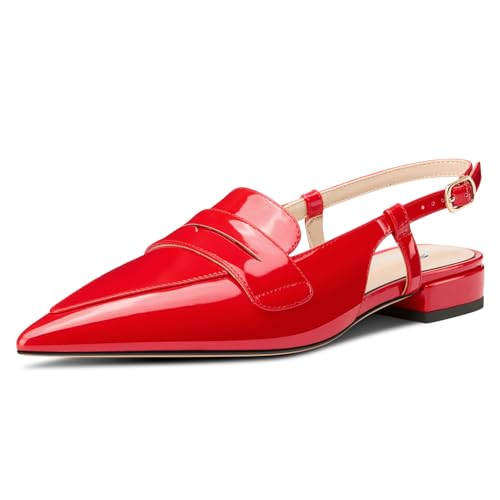 Castamere Damen Slingback Flache Pumps Niedrige Absatz Heel Geschlossene Spitze Zehenkappe Slip-on Loafers Büroschuhe Lässig Dress Schuhe 2 cm Heels Rot 41 EU von Castamere