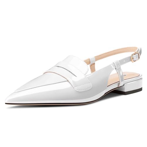 Castamere Damen Slingback Flache Pumps Niedrige Absatz Heel Geschlossene Spitze Zehenkappe Slip-on Loafers Büroschuhe Lässig Dress Schuhe 2 cm Heels Weiß 38 EU von Castamere
