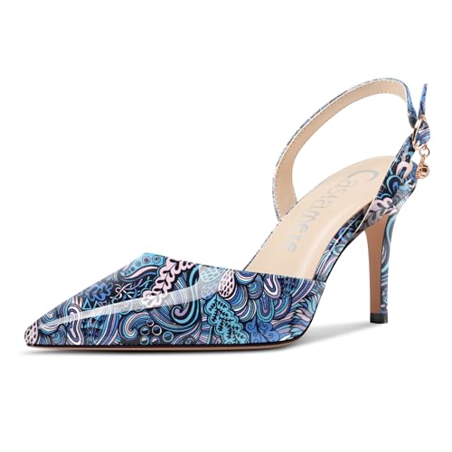 Castamere Damen Slingback Geschlossene Spitze Zehenkappe Stiletto Absatz Heel Slip-on Dress Hochzeit Lässig Schuhe 8 cm Heels Blau Mehrfarbig 42 EU von Castamere