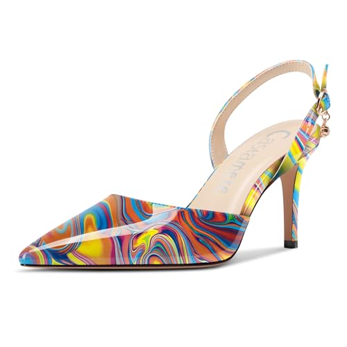 Castamere Damen Slingback Geschlossene Spitze Zehenkappe Stiletto Absatz Heel Slip-on Dress Hochzeit Lässig Schuhe 8 cm Heels Buntes Graffiti 38 EU von Castamere