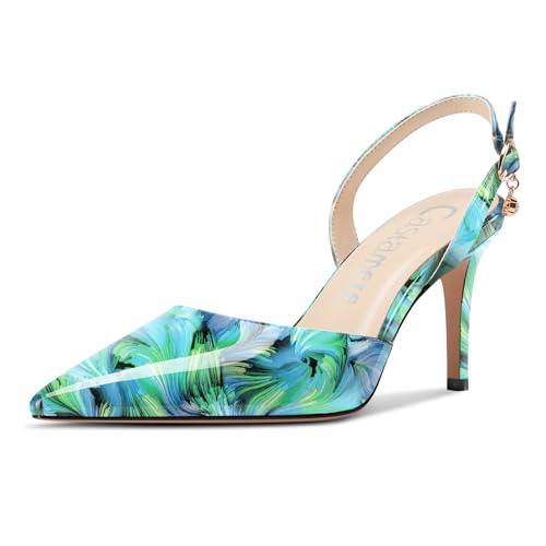 Castamere Damen Slingback Geschlossene Spitze Zehenkappe Stiletto Absatz Heel Slip-on Dress Hochzeit Lässig Schuhe 8 cm Heels Grüner Wirbel 39 EU von Castamere