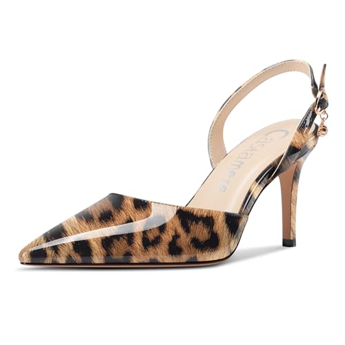 Castamere Damen Slingback Geschlossene Spitze Zehenkappe Stiletto Absatz Heel Slip-on Dress Hochzeit Lässig Schuhe 8 cm Heels Leopardbraun 41 EU von Castamere