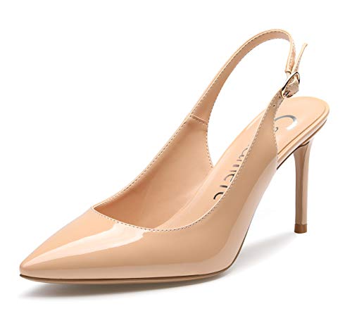 Castamere Damen Slingback High Heels Spitzen Zehen Pumps Ankle-Strap Sandalen Stilettos 8.5CM Lackleder Nackt Schuhe EU 42.5 von Castamere