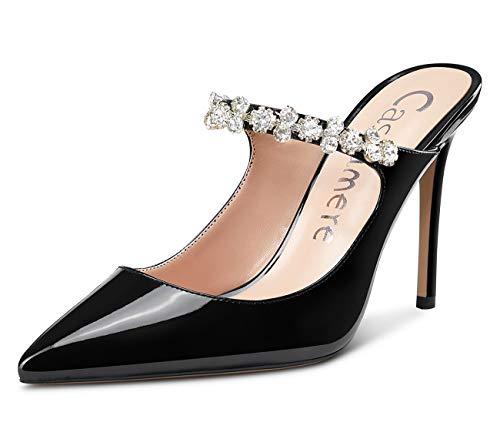 Castamere Damen Slip-On High Heels Slingback Kristall Sandalen Stilettos 10CM Heel Schwarz Lackleder Schuhe EU 38.5 von Castamere