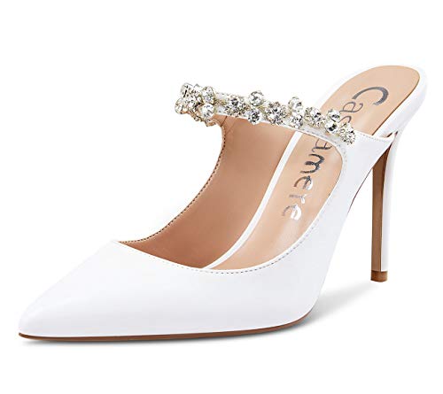 Castamere Damen Slip-On High Heels Slingback Kristall Sandalen Stilettos 10CM Heel Weiß Satin Schuhe EU 36.5 von Castamere