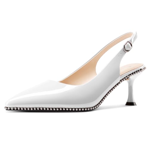 Castamere Damen Spitze Geschlossene Zehenkappe Slingback Pumps Kitten Absatz Heel Dress Lässig Slip-on Schuhe 6.5 cm Heels Weiß 40 EU von Castamere