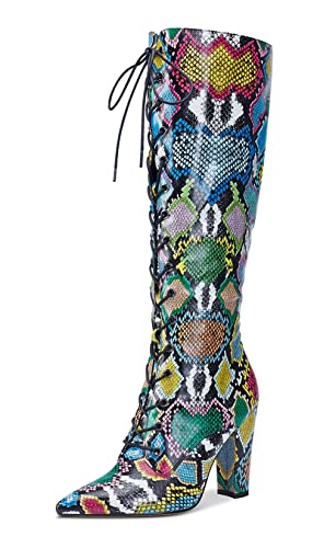 Castamere Damen Stiefel Reißverschluss Schnürsenkel Mid Calf Boots Blockabsatz 10CM High Heels Blau Schlange Schuhe EU39 von Castamere