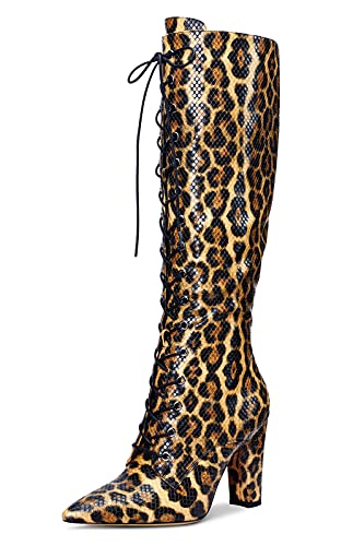 Castamere Damen Stiefel Reißverschluss Schnürsenkel Mid Calf Boots Blockabsatz 10CM High Heels Gelb Leopard Schuhe EU 42 von Castamere