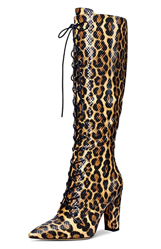 Castamere Damen Stiefel Reißverschluss Schnürsenkel Mid Calf Boots Blockabsatz 10CM High Heels Gelb Leopard Schuhe EU 45 von Castamere