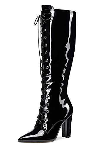 Castamere Damen Stiefel Reißverschluss Schnürsenkel Mid Calf Boots Blockabsatz 10CM High Heels Schwarz Lackleder Schuhe EU 41 von Castamere