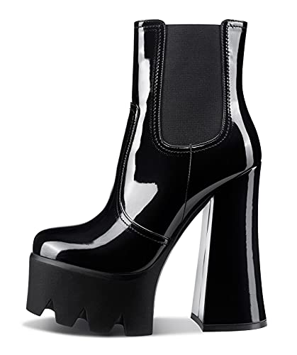 Castamere Damen Stiefeletten Reißverschluss mit Plattform Blockabsatz 15CM High Heels Boots Schwarz Lackleder Schuhe EU40 von Castamere