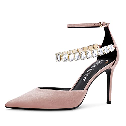 Castamere Damen Stiletto Hoher High Absatz Heel Knöchelriemen Pumps Diamant Kristall Spitze Zehenkappe Sandalen 8 cm Heels Dress Schuhe Beige Wildleder 37 EU von Castamere