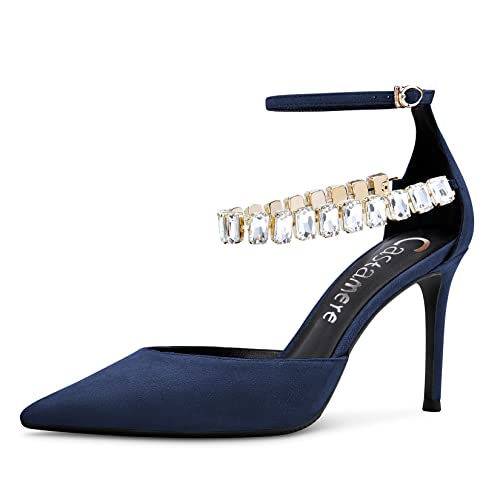 Castamere Damen Stiletto Hoher High Absatz Heel Knöchelriemen Pumps Diamant Kristall Spitze Zehenkappe Sandalen 8 CM Heels Dress Schuhe Navy Blau 38 EU von Castamere