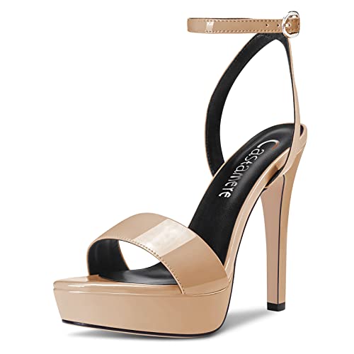 Castamere Damen Stiletto Hoher High Absatz Heel Peep Open Zehenkappe Knöchelriemen Slingback Sandalen Plateau Plattform Clear Sexy Hochzeit 13 CM Heels Beige Lackleder 38 EU von Castamere