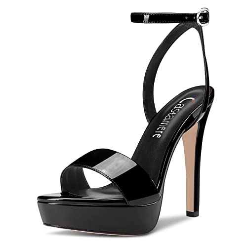 Castamere Damen Stiletto Hoher High Absatz Heel Peep Open Zehenkappe Knöchelriemen Slingback Sandalen Plateau Plattform Clear Sexy Hochzeit 13 CM Heels Schwarz Lackleder 38 EU von Castamere