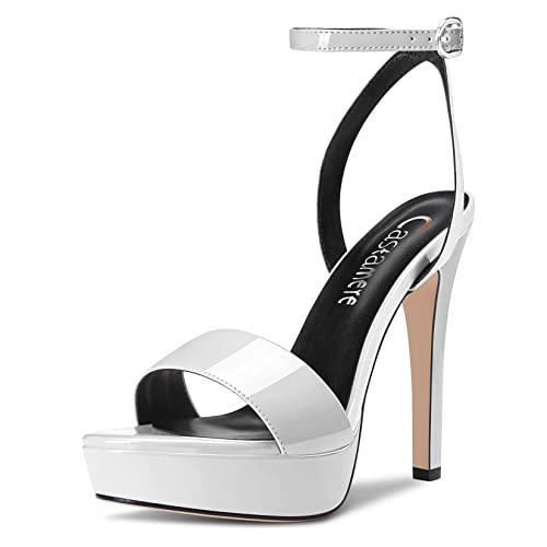 Castamere Damen Stiletto Hoher High Absatz Heel Peep Open Zehenkappe Knöchelriemen Slingback Sandalen Plateau Plattform Clear Sexy Hochzeit 13 CM Heels Weiß Lackleder 38 EU von Castamere