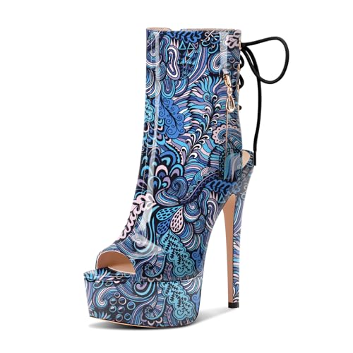 Castamere Damen Stiletto Hoher High Absatz Heel Peep Open Zehenkappe Plateau Plattform Sommer Stiefeletten Schnüren Schnürung Stiefel 15 CM Blau Mehrfarbig 42 EU von Castamere