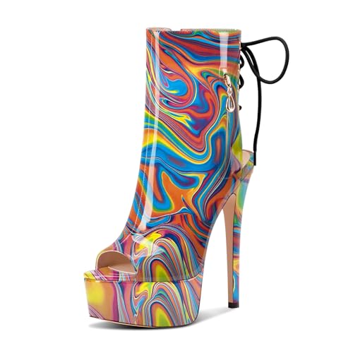 Castamere Damen Stiletto Hoher High Absatz Heel Peep Open Zehenkappe Plateau Plattform Sommer Stiefeletten Schnüren Schnürung Stiefel 15 CM Buntes Graffiti 36 EU von Castamere
