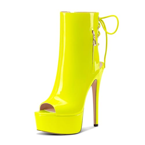 Castamere Damen Stiletto Hoher High Absatz Heel Peep Open Zehenkappe Plateau Plattform Sommer Stiefeletten Schnüren Schnürung Stiefel 15 CM Gelb 36 EU von Castamere