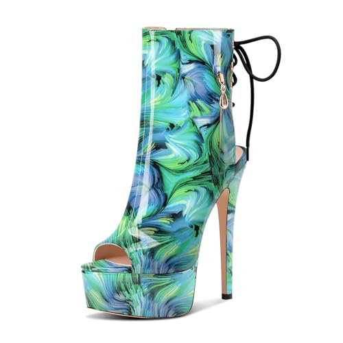 Castamere Damen Stiletto Hoher High Absatz Heel Peep Open Zehenkappe Plateau Plattform Sommer Stiefeletten Schnüren Schnürung Stiefel 15 CM Grüner Wirbel 43 EU von Castamere