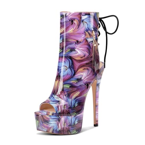 Castamere Damen Stiletto Hoher High Absatz Heel Peep Open Zehenkappe Plateau Plattform Sommer Stiefeletten Schnüren Schnürung Stiefel 15 CM Lila Wirbel 36 EU von Castamere