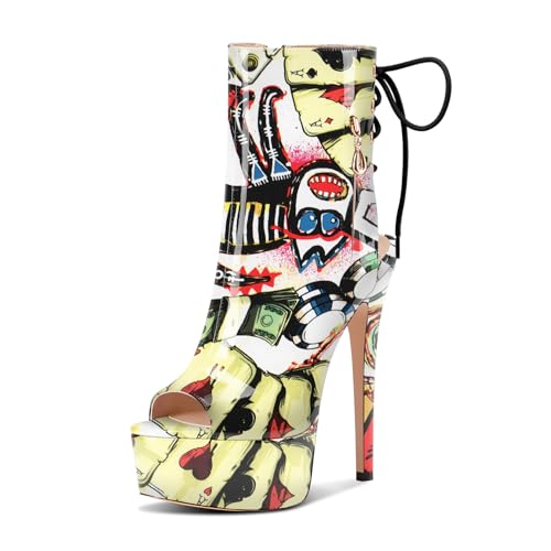 Castamere Damen Stiletto Hoher High Absatz Heel Peep Open Zehenkappe Plateau Plattform Sommer Stiefeletten Schnüren Schnürung Stiefel 15 CM Poker-Muster 42 EU von Castamere