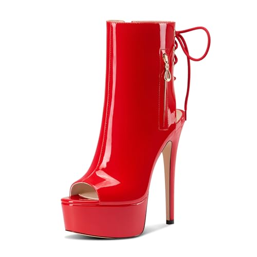 Castamere Damen Stiletto Hoher High Absatz Heel Peep Open Zehenkappe Plateau Plattform Sommer Stiefeletten Schnüren Schnürung Stiefel 15 CM Rot 41 EU von Castamere
