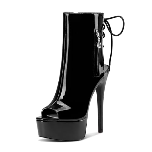 Castamere Damen Stiletto Hoher High Absatz Heel Peep Open Zehenkappe Plateau Plattform Sommer Stiefeletten Schnüren Schnürung Stiefel 15 CM Schwarz 42 EU von Castamere