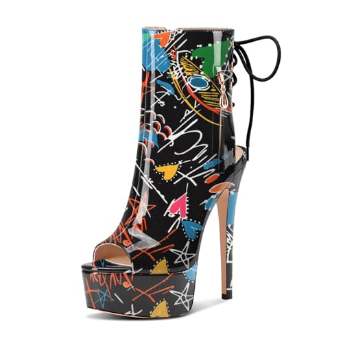 Castamere Damen Stiletto Hoher High Absatz Heel Peep Open Zehenkappe Plateau Plattform Sommer Stiefeletten Schnüren Schnürung Stiefel 15 CM Schwarzes Doodle 36 EU von Castamere