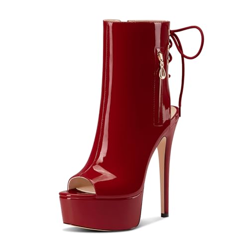 Castamere Damen Stiletto Hoher High Absatz Heel Peep Open Zehenkappe Plateau Plattform Sommer Stiefeletten Schnüren Schnürung Stiefel 15 CM Weinrot 38 EU von Castamere