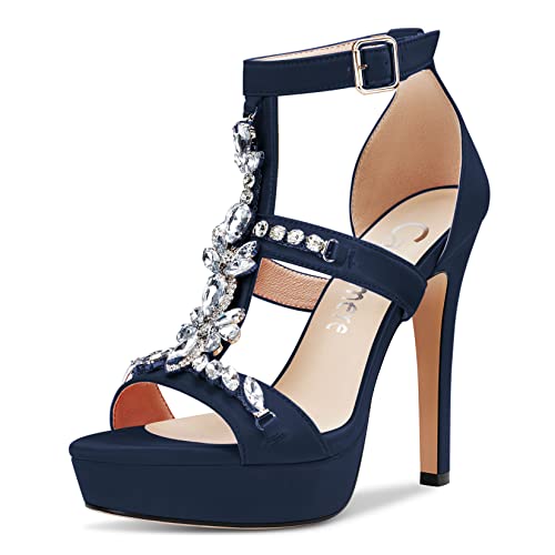 Castamere Damen Stiletto Hoher High Absatz Heel Plateau Plattform Peep Open Zehenkappe Sandalen Römische Diamant Kristall Hochzeit Party Sexy 13 CM Heels Navy Blau 38 EU von Castamere