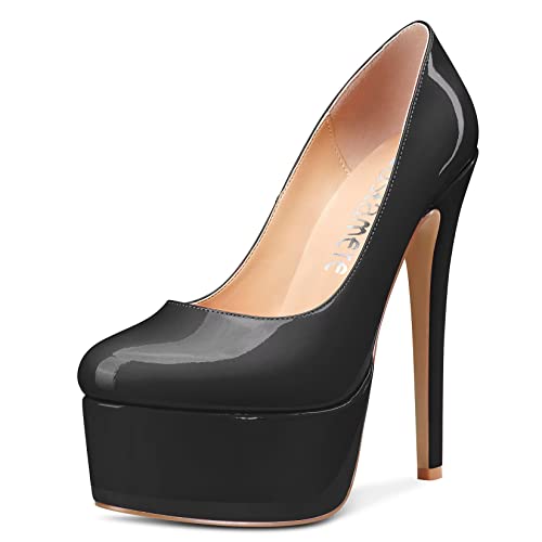 Castamere Damen Stiletto Hoher High Absatz Heel Plateau Plattform Runde Zehenkappe 15 cm Heels Pumps Slip-on Hochzeit Party Sexy Schuhe Schwarz 38 EU von Castamere