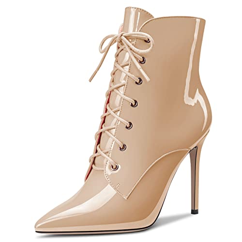 Castamere Damen Stiletto Hoher High Absatz Heel Reißverschluss Spitze Zehenkappe Stiefeletten Schnüren Schnürung Dress Sexy Büroschuhe 10CM Stiefel Beige Lackleder 42 EU von Castamere