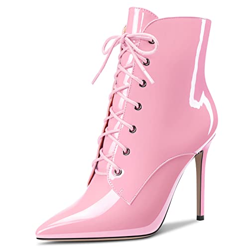 Castamere Damen Stiletto Hoher High Absatz Heel Reißverschluss Spitze Zehenkappe Stiefeletten Schnüren Schnürung Dress Sexy Büroschuhe 10CM Stiefel Rosa Lackleder 43 EU von Castamere