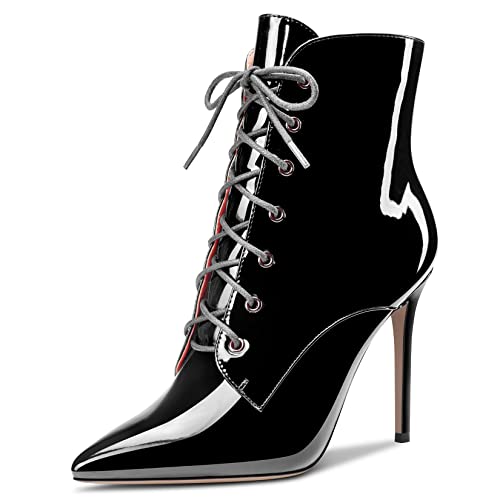 Castamere Damen Stiletto Hoher High Absatz Heel Reißverschluss Spitze Zehenkappe Stiefeletten Schnüren Schnürung Dress Sexy Büroschuhe 10CM Stiefel Schwarz Lackleder 36 EU von Castamere