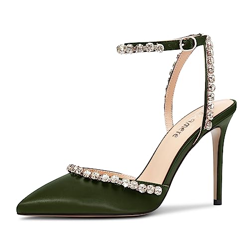 Castamere Damen Stiletto Hoher High Absatz Heel Spitze Zehenkappe Knöchelriemen Diamant Kristall Pumps Abschlussball Satin 10 cm Heels Olivgrün 36 EU von Castamere