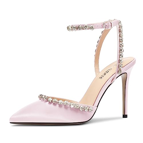 Castamere Damen Stiletto Hoher High Absatz Heel Spitze Zehenkappe Knöchelriemen Diamant Kristall Pumps Abschlussball Satin 10 cm Heels Rosa A 45 EU von Castamere