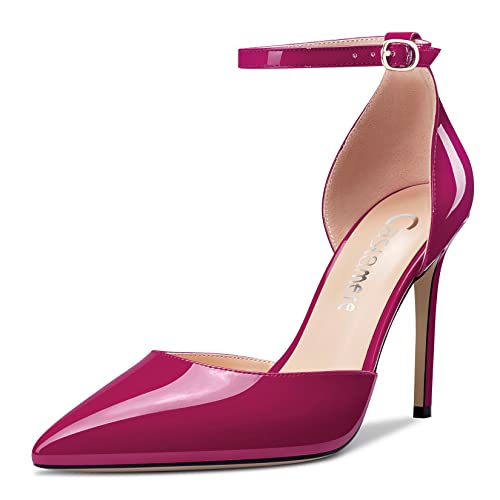 Castamere Damen Stiletto Hoher High Absatz Heel Spitze Zehenkappe Knöchelriemen Two-Piece Dress Pumps Slip-on Schnalle Hochzeit Party 10 cm Heels Magenta Rot 39 EU von Castamere