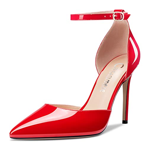 Castamere Damen Stiletto Hoher High Absatz Heel Spitze Zehenkappe Knöchelriemen Two-Piece Dress Pumps Slip-on Schnalle Hochzeit Party 10 cm Heels Rot 36 EU von Castamere